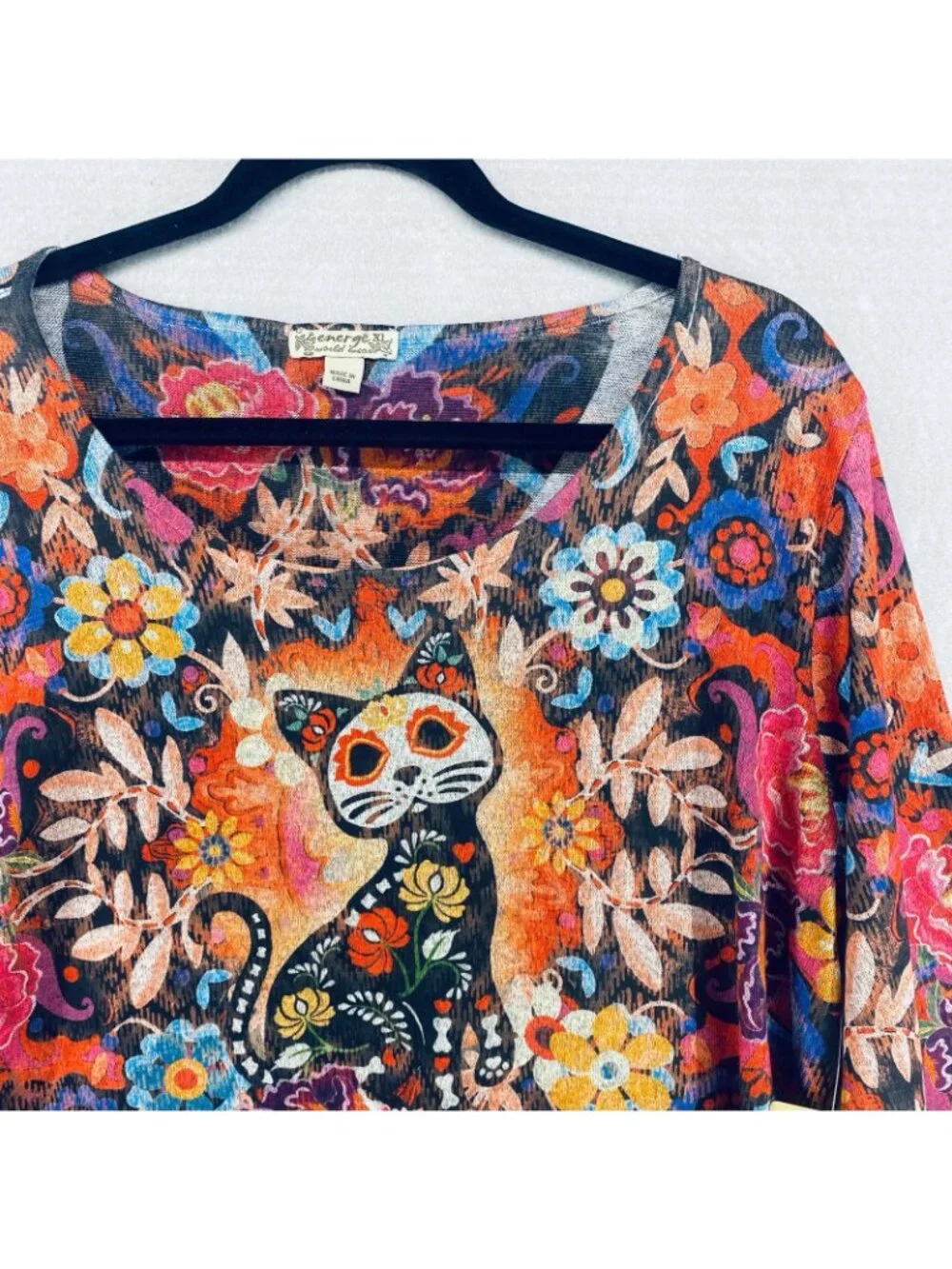 Energe World Wear Top Womens XL Multicolor 3/4 Sleeve Blouse Cat Halloween NWT_3